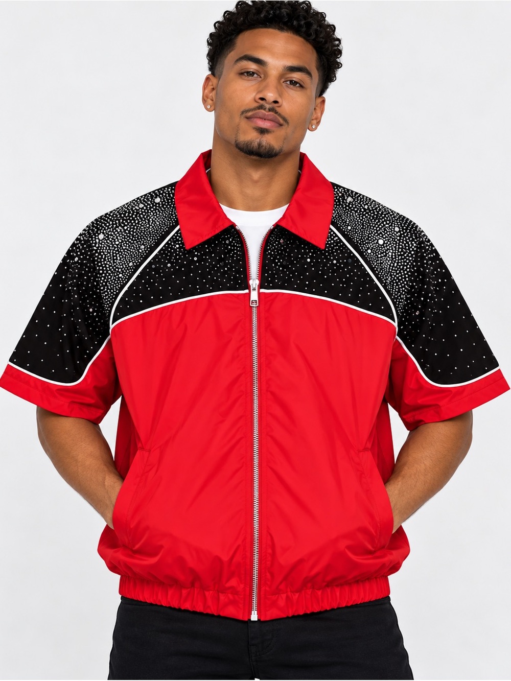 Kindred Men’s Red Black embellished Rhinestone Zip Jacket windbreaker size XXL